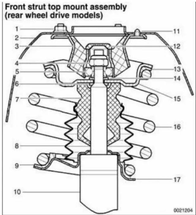 Front strut top mount assembly (rear wheel drive models) 1 2 3 4 5 6 7 8 9 10 11 12 13 14 15 16 17 0021204