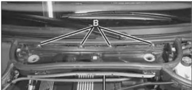 Top-down view of a car's front suspension system with labeled component 'B' (no text or symbols beyond label)