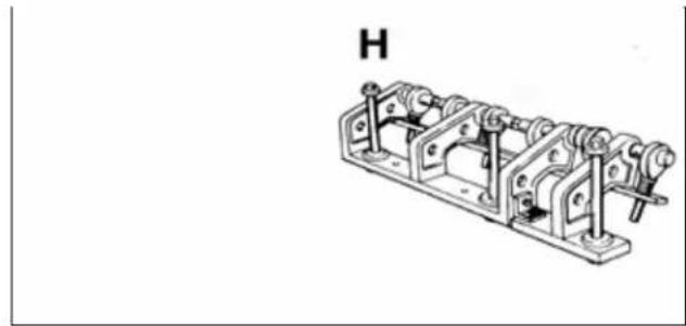 Mechanical assembly diagram showing a multi-stage frame with mounting holes and shafts (no text or symbols)