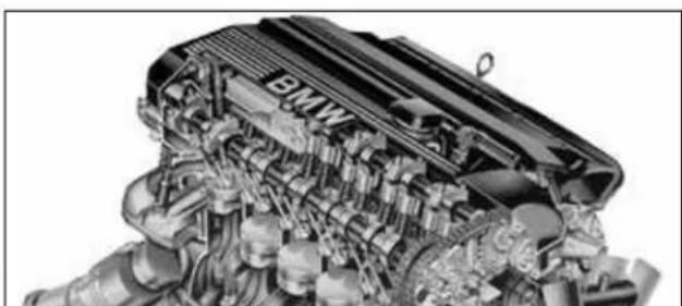 Detailed cutaway illustration of a BMW internal combustion engine (no text or symbols visible)