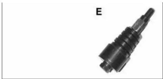 Close-up of a black mechanical component labeled 'E' (no other text or symbols visible)