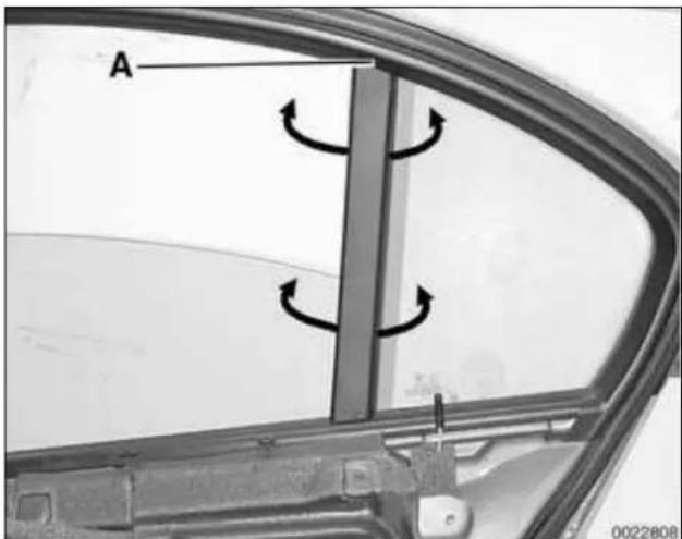 Diagram of a car's side window with curved arrows indicating rotational motion, no text or symbols present