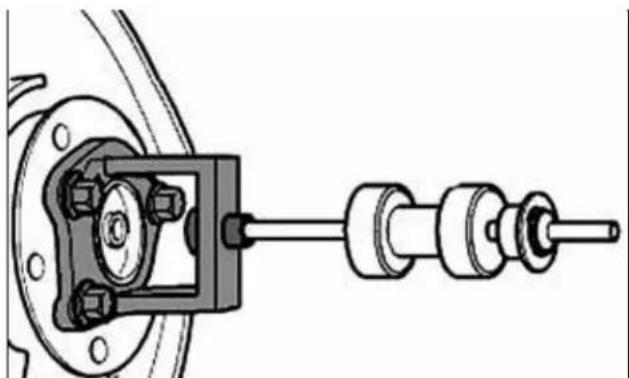 Mechanical assembly diagram showing a shaft connected to a housing with bolts and shafts (no text or symbols)