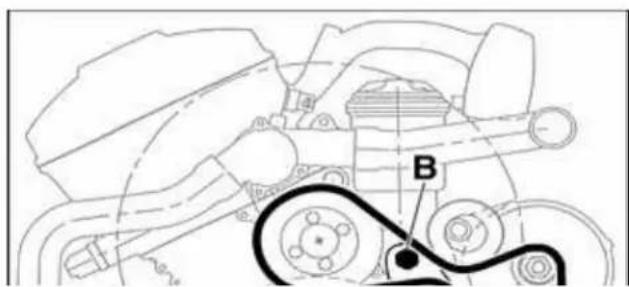 Technical diagram of a mechanical assembly with labeled component B and a highlighted connection point