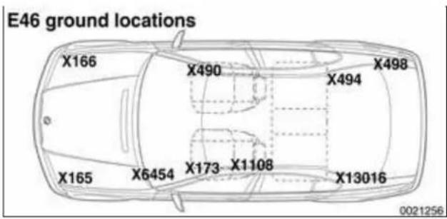 E46 ground locations X166 X490 X498 X494 X165 X6454 X173 X1108 X13016 0021256