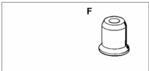 Simple line drawing of a mechanical component labeled 'F' (no text or symbols on the object itself)