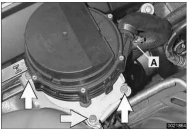 Close-up of a mechanical assembly with labeled component A and directional arrows indicating movement (no readable text or symbols)