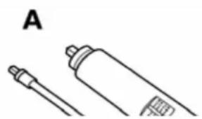 Simple line drawing of two cylindrical objects with different end caps, labeled 'A' (no text or symbols on the objects themselves)
