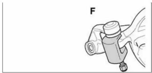 Diagram of a mechanical device with a labeled component 'F' (no text or symbols on the device itself)