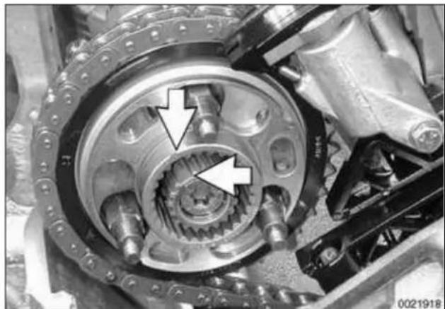 Close-up of a mechanical gear assembly with two arrows pointing to specific components (no visible text or symbols)
