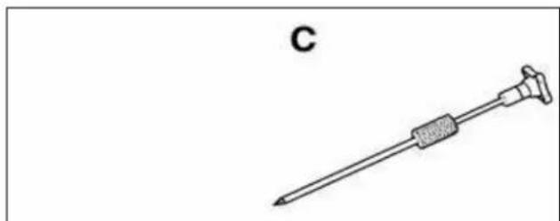 Line drawing of a medical or laboratory instrument with a labeled point 'C' (no text or symbols on the device itself)