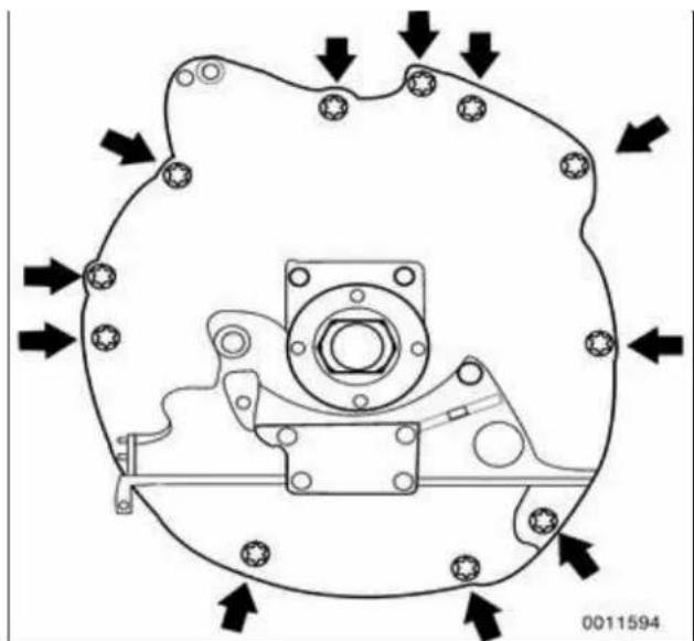 Technical diagram of a mechanical assembly with directional arrows and bolt holes (no text or labels)
