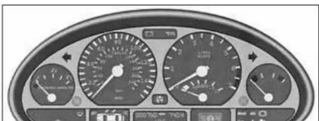 Close-up of a car dashboard with multiple gauges and dials (no readable text or symbols)