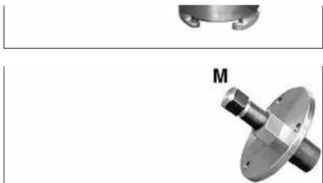 Mechanical component images showing a flanged shaft and a circular housing with a hexagonal bolt, labeled 'M' (no text or symbols on the parts themselves)