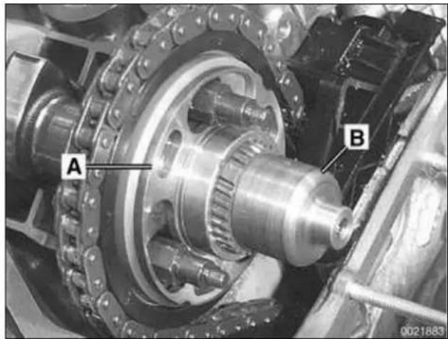Mechanical assembly diagram showing a shaft and gear assembly with labeled components A and B (no readable text or symbols beyond labels)