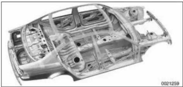 Technical cutaway view of a car chassis showing internal structural components (no text or labels)