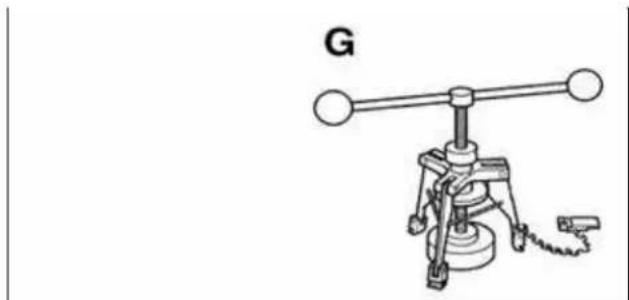 Mechanical device labeled 'G' with a lever and base mount (no text or symbols on the device itself)