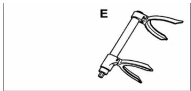 Line drawing of a handheld tool with three blades, labeled 'E' (no text or symbols on the tool itself)