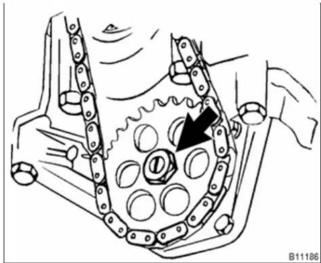 Mechanical assembly diagram showing a chain with a gear and a black arrow indicating direction (no text or symbols)