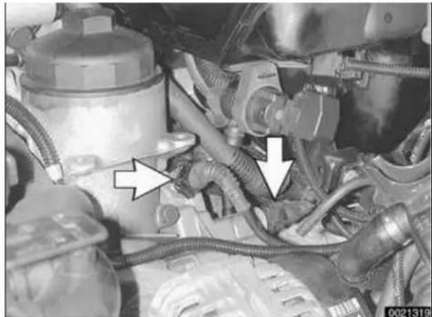 Close-up of an automotive engine bay with visible hoses and components, no text or symbols present