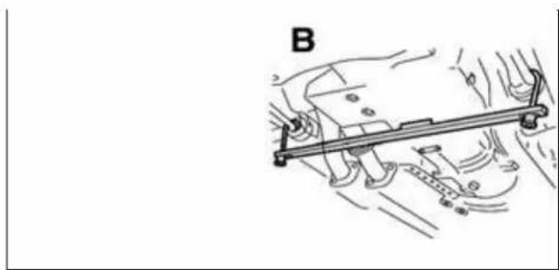 Mechanical assembly diagram showing a lever mechanism with labeled component B (no text or symbols present)