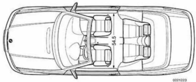 Top-down line drawing of a car showing front, rear, and side views with dimension lines (no text or symbols)