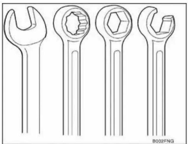 Line drawings of four different wrenches with different end caps and handles (no text or symbols)