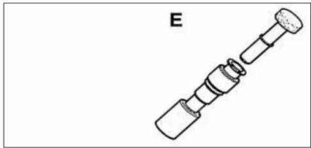 Technical line drawing of a mechanical component labeled 'E' (no text or symbols on the diagram itself)