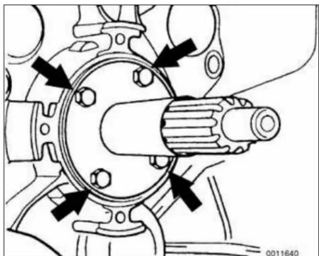 Mechanical gear assembly diagram showing shaft, gears, and housing components (no text or labels)