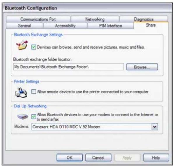 Bluetooth Configuration Communications Port Networking Diagnostics General Accessibility PIM Interface Share Bluetooth Exchange Settings ✓ Devices can browse, send and receive pictures, music and files. Bluetooth exchange folder location My Documents\Bluetooth Exchange Folder\ Browse... Printer Settings ☐ Allow remote device to use the printer connected to your computer Dial Up Networking ✓ Allow Bluetooth devices to use your modem to connect to the Internet or to send a fax Modems: Conexant HDA D110 MDC V.92 Modem OK Cancel Apply Help