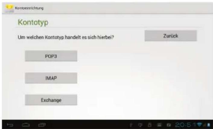 Kontotyp Um welchen Kontotyp handelt es sich hierbei? Zurück POP3 IMAP Exchange