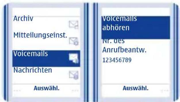 Archiv Mitteilungseinst. Voicemails Nachrichten Auswähl. Voicemails abhören Nr. des Anrufbeantw. 123456789 Auswähl.