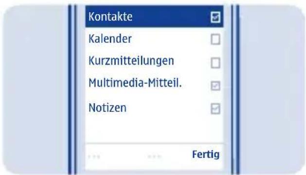 Kontakte Kalender Kurzmitteilungen Multimedia-Mitteil. Notizen Fertig