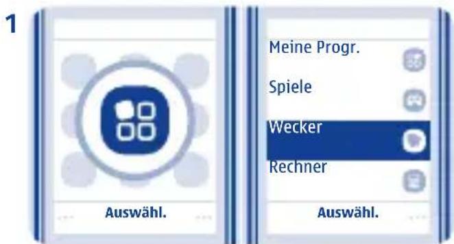 1 Auswähl. Meine Progr. Spiele Wecker Rechner Auswähl.