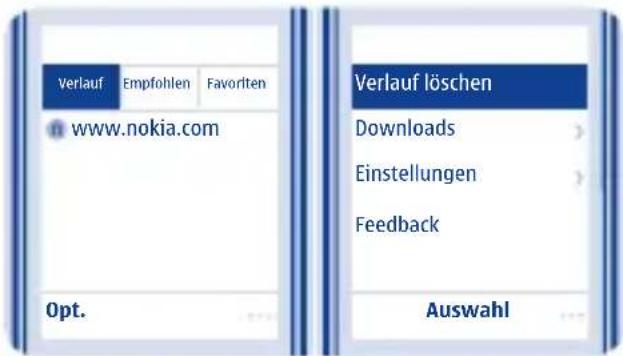 Verlauf Empfohlen Favoriten www.nokia.com Opt. Verlauf löschen Downloads > Einstellungen > Feedback Auswahl