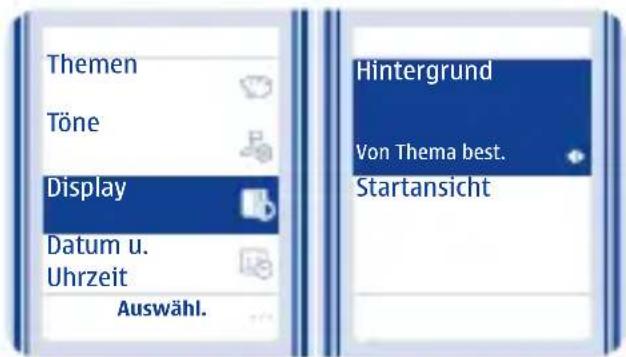 Themen Töne Display Datum u. Uhrzeit Auswähl. Hintergrund Von Thema best. Startansicht