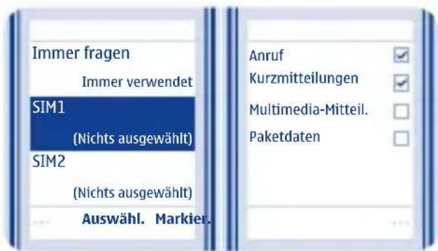 Immer fragen Immer verwendet SIM1 (Nichts ausgewählt) SIM2 (Nichts ausgewählt) Auswähl. Markier. Anruf Kurzmitteilungen Multimedia-Mitteil. Paketdaten