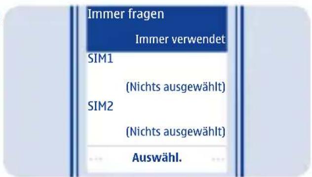 Immer fragen Immer verwendet SIM1 (Nichts ausgewählt) SIM2 (Nichts ausgewählt) Auswähl.