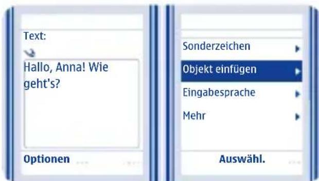 Text: Hallo, Anna! Wie geht's? Optionen Sonderzeichen Objekt einfügen Eingabesprache Mehr Auswähl.