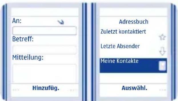 An: Betreff: Mitteilung: Hinzufüg. Adressbuch Zuletzt kontaktiert Letzte Absender Meine Kontakte Auswähl.
