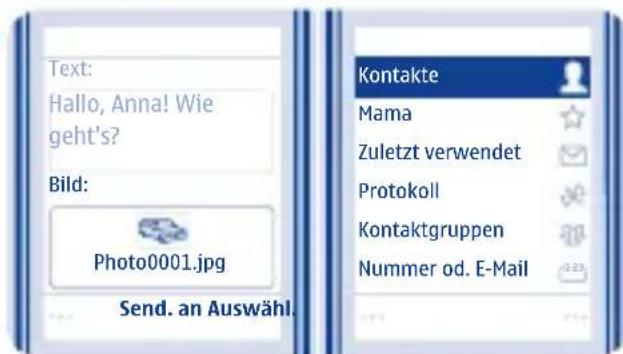 Text: Hallo, Anna! Wie geht's? Bild: Photo0001.jpg Send. an Auswahl. Kontakte Mama Zuletzt verwendet Protokoll Kontaktgruppen Nummer od. E-Mail
