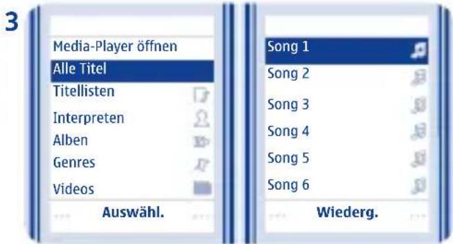 3 Media-Player öffnen Alle Titel Titellisten Interpreten Alben Genres Videos Auswähl. Song 1 Song 2 Song 3 Song 4 Song 5 Song 6 Wiederg.