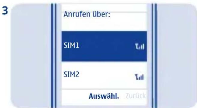 3 Anrufen über: SIM1 SIM2 Auswähl. Zurück