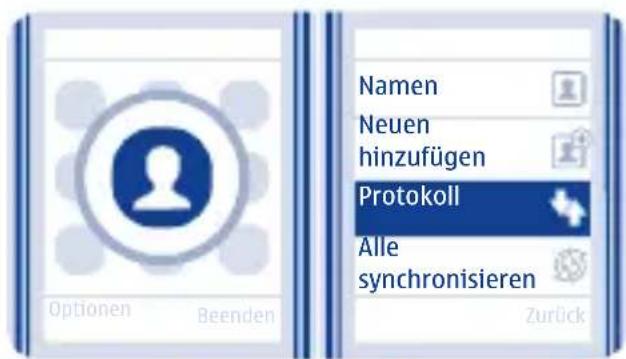 Optionen Beenden Namen Neuen hinzufügen Protokoll Alle synchronisieren Zurück