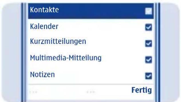 Kontakte Kalender Kurzmitteilungen Multimedia-Mitteilung Notizen Fertig