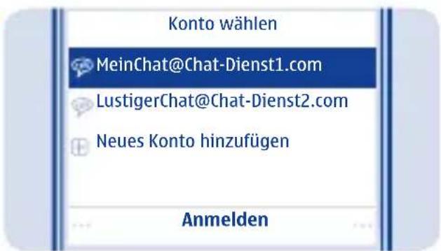 Konto wählen MeinChat@Chat-Dienst1.com LustigerChat@Chat-Dienst2.com Neues Konto hinzufügen Anmelden