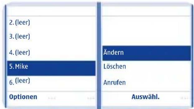 2. (leer) 3. (leer) 4. (leer) 5. Mike 6. (leer) Optionen Ändern Löschen Anrufen Auswähl.