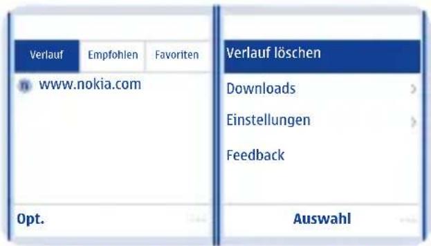 Verlauf Empfohlen Favoriten www.nokia.com Opt. Verlauf löschen Downloads > Einstellungen > Feedback Auswahl