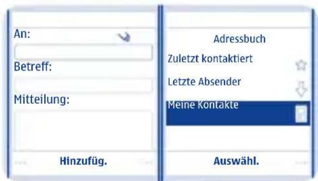 An: Betreff: Mitteilung: Hinzufüg. Adressbuch Zuletzt kontaktiert Letzte Absender Meine Kontakte Auswähl.