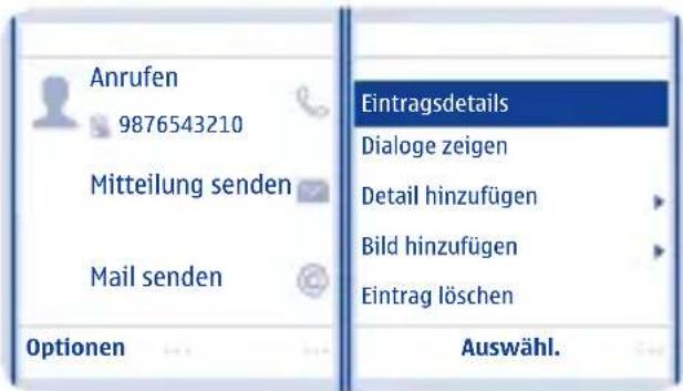 Anrufen 9876543210 Mitteilung senden Mail senden Optionen Eintragsdetails Dialogue zeigen Detail hinzufügen Bild hinzufügen Eintrag löschen Auswähl.